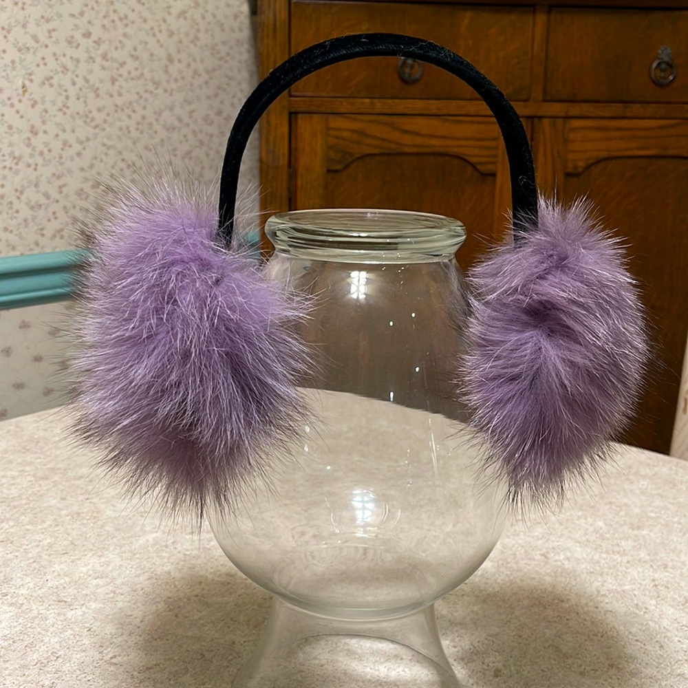 Women’s 100% Fox Fur Dyed lEar Muffs in lavender color with velvet headband